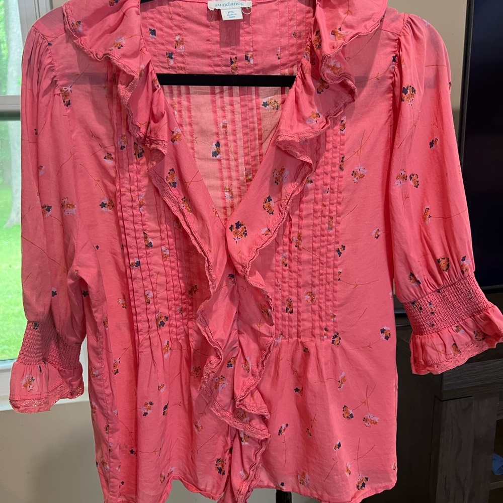 Sundance coral pink ruffle-front floral blouse